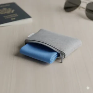 Compact lens cleaner cloth folded inside a small, portable carrying pouch, ideal for travel.