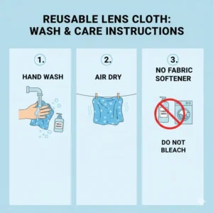 Diagram illustrating the correct method for washing and caring for a reusable eyeglass lens cloth to maintain its cleaning performance.
