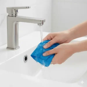 Hand-washing reusable glasses cloths microfiber under running water in a sink to show durability and washability.