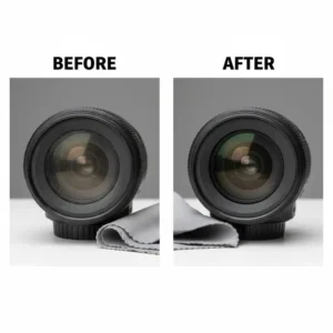 Side-by-side comparison of a smudged, dirty camera lens next to a sparkling clean lens polished with the microfiber camera lens cleaning cloth.