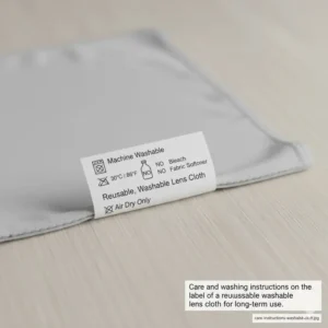 Care and washing instructions on the label of a reusable, washable lens cloth for long-term use.