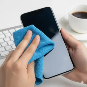 Using the glasses cloths microfiber to wipe fingerprints and smudges off a smartphone screen, illustrating its multi-purpose use.