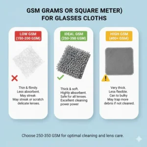 Chart or graphic comparing the ideal GSM (grams per square meter) specifications for the best glasses cloth material.