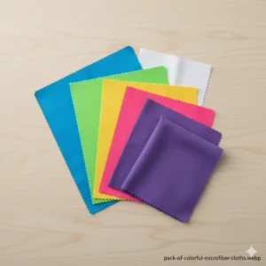 A multipack of assorted colors and sizes of microfiber eyeglass cleaning cloths for various cleaning needs.