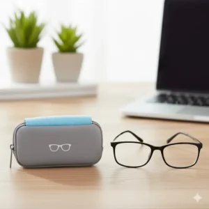 A compact, portable microfiber eyeglass cleaning cloth stored in its protective carrying case or pouch.