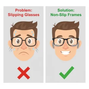 Side-by-side comparison illustrating the common problem of glasses slipping versus the secure fit of non-slip glasses frames.