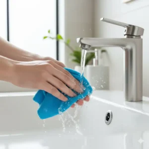 Hand washing a reusable microfiber eyeglass cleaning cloth to maintain its effectiveness.