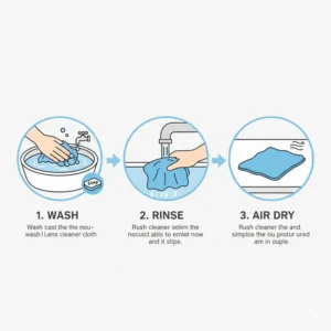 Infographic illustrating the proper way to wash and care for a reusable lens cleaner cloth to maintain its effectiveness.