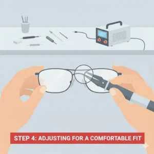 Photo or illustration detailing the final steps of adjusting the new eyeglasses nose bridge after replacement for a proper fit.