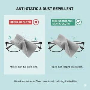 Visual representation of the anti-static properties inherent in quality glasses cloth material that helps repel dust particles.