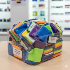 Large bulk pack of colorful, individual eyeglass cloths ready for distribution or sale.