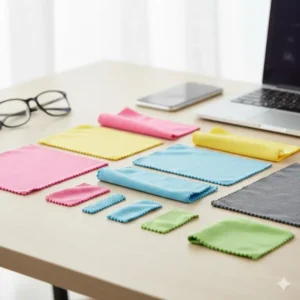 An array of microfiber eyeglass cleaning cloths in different sizes and colors, illustrating the available options for spectacle cleaning.
