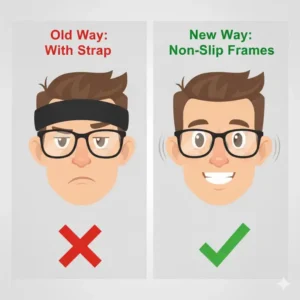 A visual demonstration showing that non-slip frames eliminate the need for an additional eyewear retention strap.