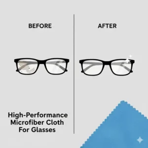 A split image showing a dirty, smudged lens (Before) and a perfectly clear, streak-free lens (After) cleaned with a high-performance large microfiber cloth for glasses.