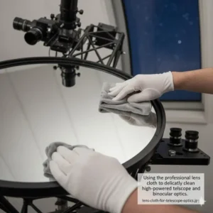 Using the professional lens cloth to delicately clean high-powered telescope and binocular optics.