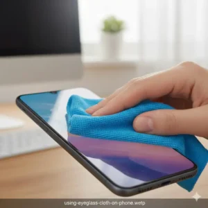 Demonstrating the safe use of an eyeglass cleaning cloth on a smartphone screen, showing its use for other electronics.