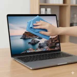 A large lens cleaner cloth being used to wipe a laptop or computer monitor screen for a clean, dust-free display.