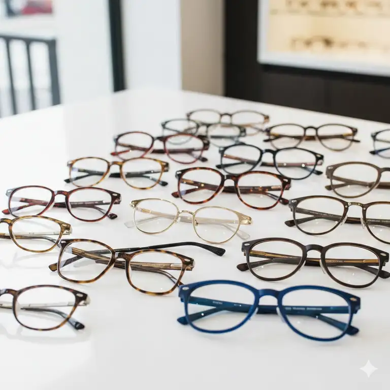 A stylish collection of premium replacement eyeglass frames displayed on a white background.