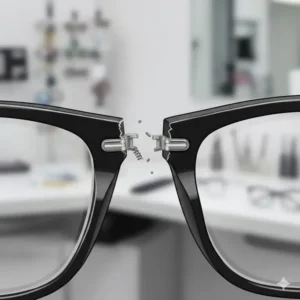 Close up of a broken hinge being repaired to fix glasses frame near me.