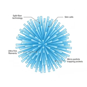 Magnified view showing the microscopic fiber structure of a microfiber cloth for camera lens