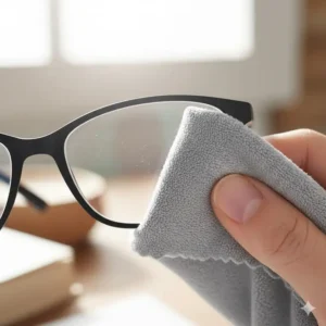 Close-up shot demonstrating the dual use of the microfiber eyeglass pouch material as an effective lens cleaning cloth.