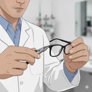 Expert adjusting the fit of eyewear to fix glasses frame near me for a customer.