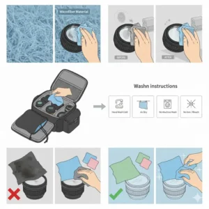 Hands using the camera lens cloth to carefully clean fingerprints and dust off a UV filter attached to a lens.