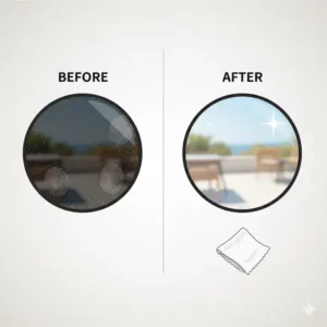 Side-by-side comparison showing a dirty lens next to a clear, clean lens achieved with a proper sunglass cleaning cloth.