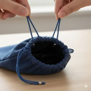 Detailed illustration of the secure drawstring closure mechanism on the microfiber eyeglass pouch, preventing glasses from slipping out.