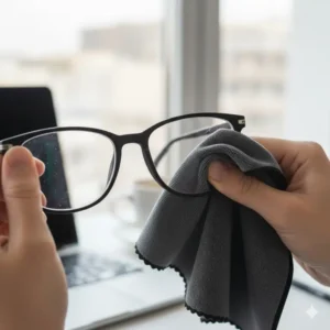 A hand gently cleaning the lens of a pair of eyeglasses with a dedicated lens cloth for glasses.