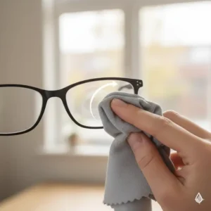 A person demonstrating how to use an eyeglass lens cleaning cloth to remove smudges safely.