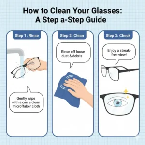 An educational illustration demonstrating the proper steps to use a lens cleaning cloth for glasses.