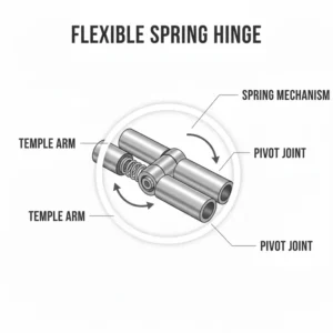Detailed diagram of a flexible spring eyeglasses hinge that allows temples to bend outwards.