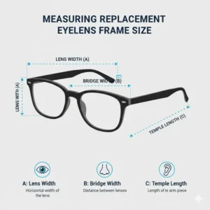 Detailed technical drawing showing how to measure dimensions for replacement eyeglass frames.