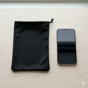 A black microfiber pouch shown next to a smartphone to illustrate its generous size, suitable for both sunglasses and other small valuables.