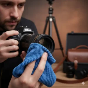 Professional using the microfiber optical lens cloth to safely clean a DSLR camera lens.