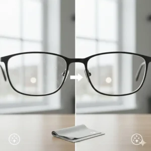 Before and after comparison showing the effectiveness of an eyeglass lens cleaning cloth.