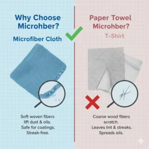 A professional diagram comparing a lens cleaning cloth for glasses versus standard paper tissues.