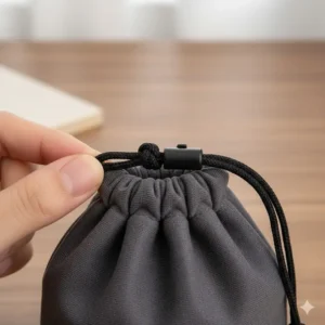 Detail view of the secure drawstring closure on the microfiber glasses pouch, which keeps eyewear safely enclosed and dust-free.