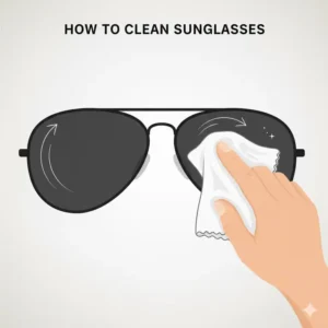 Step-by-step image demonstrating the correct circular motion for using a sunglass cleaning cloth on the lens.