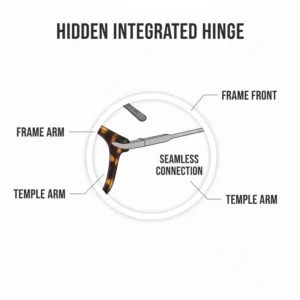 Minimalist luxury eyewear featuring a hidden integrated eyeglasses hinge for a seamless frame design.