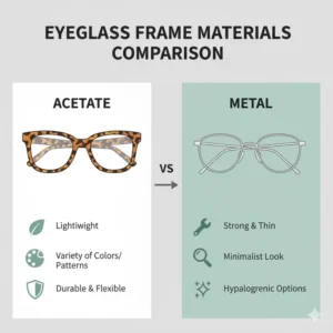 Comparison chart between acetate and metal materials used in replacement eyeglass frames.