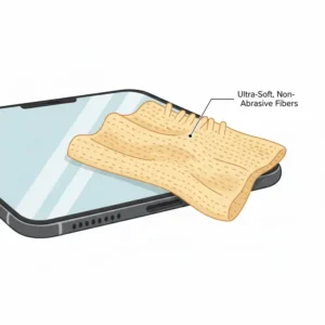 Close-up of the non-abrasive material of a premium microfiber cloth for camera lens.