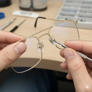 Replacing worn out nose pads to effectively fix glasses frame near me.