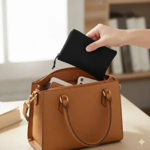 Image showing the compact and portable microfiber eyeglass pouch being easily held in a hand or placed in a small purse for travel.