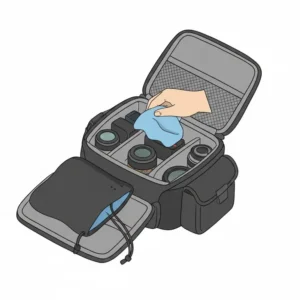 A neatly folded camera lens cloth being placed inside a protective carrying pouch or camera bag compartment for safe storage.