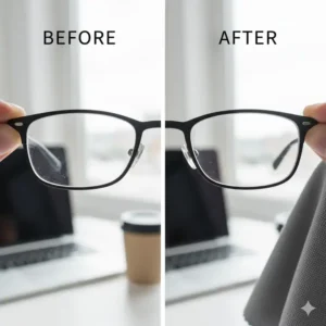 Before-and-after shot showing a dirty lens versus a crystal-clear surface after using the lens cloth for glasses.
