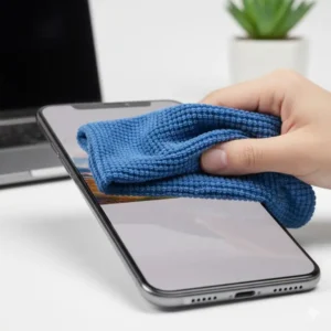 A hand gently wiping a smudged smartphone screen with the microfiber optical lens cloth.