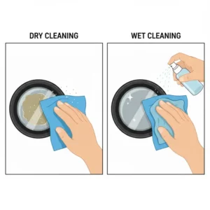 An illustration of dry cleaning technique using a microfiber cloth for camera lens.