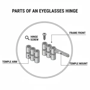 Labelled diagram showing the screw, barrel, and temple mount of a standard eyeglasses hinge.